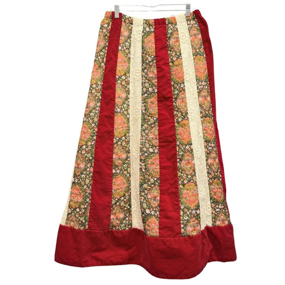 VTG 70s Chessa Davis Velvet Lace Cottagecore Prairie Maxi Skirt Holiday Size M? - Picture 2 of 15